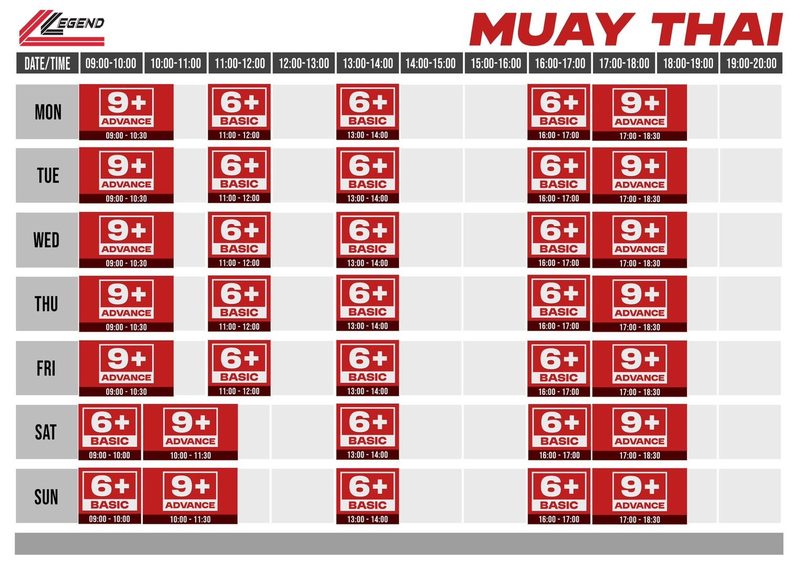 ตารางเรียนรายสัปดาห์คลาส Muay Thai ที่ The Legend Arena หัวหิน
